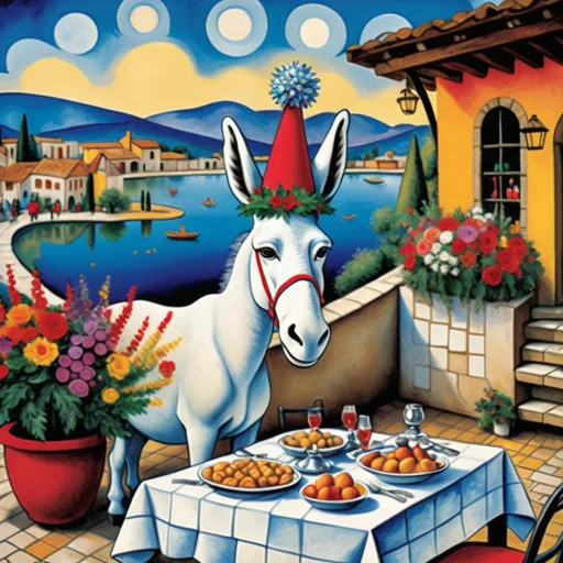 Prompt: (Marc Chagall-inspired surreal scene, primitive, Christmas card, charming stone Mexican outdoor restaurant, white donkey wearing festive hat, Burro, French chef, dressed for Christmas beautiful large pool surrounded by vibrant flowers, lake in background, tables with umbrellas, flowers on the tables, Christmas time, sign that says YVES. RESTAURANT , walls adorned with painted flowers, tile roof, lovers floating in the whimsical sky, graceful wings, grass, surrounded by vibrant flowers, , poinsettia, wreath, majestic avocado tree in front, enchanting magical, twinkling Christmas lights, Mexican style, atmosphere, dreamy mountains in the background, swirly   sky, (vivid colors), (4K, ultra-detailed), (cubist, whimsical).