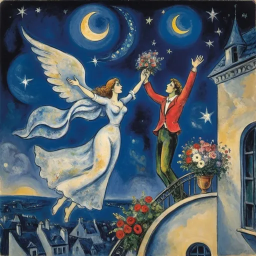 Prompt: Style of Chagall. male and female lovers in the sky. stars Night moon. Woman on balcony raising arms /wings toward male lover in sky reaching down to her with a bouquet of flowers love

