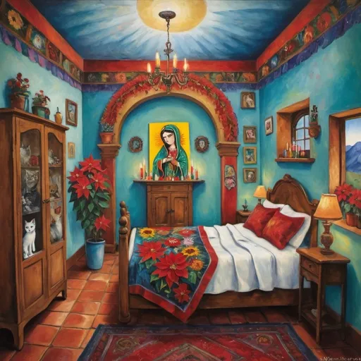 Prompt: (Marc Chagall painting cubist primitive 
surrealism style charming Mexican casita bedroom, Mexican Christmas, tin Christmas tree, lights,virgin of Guadalupe,  painted flowers, white walls, arched windows,, turquoise bedspread hearts, Tuxedo cat, Mexican textiles, whimsical ambiance, tile roof, turquoise armoire with painted flowers, glowing, delicate wings, bright flowers, playful cats, enchanting atmosphere, poinsettias, magical, sunflowers, lace curtains, harlequin  tuxedo cat, Freida Kahlo influences, guitar, angel, mountains, candles, cozy pillows, ultra-detailed, magical charm, artistic masterpiece.