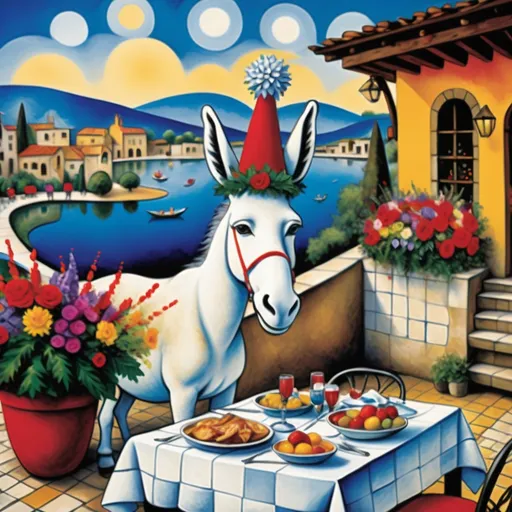 Prompt: (Marc Chagall-inspired surreal scene, primitive, Christmas card, charming stone Mexican outdoor restaurant, white donkey wearing festive hat, Burro, French chef, dressed for Christmas beautiful large pool surrounded by vibrant flowers, lake in background, tables with umbrellas, flowers on the tables, Christmas time, sign that says YVES. RESTAURANT , walls adorned with painted flowers, tile roof, lovers floating in the whimsical sky, graceful wings, grass, surrounded by vibrant flowers, , poinsettia, wreath, majestic avocado tree in front, enchanting magical, twinkling Christmas lights, Mexican style, atmosphere, dreamy mountains in the background, swirly   sky, (vivid colors), (4K, ultra-detailed), (cubist, whimsical).