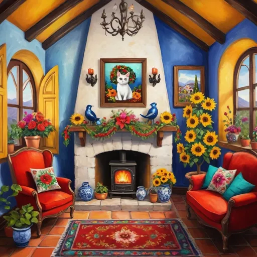 Prompt: (Painting of Mexican Casita interior), small quaint cozy cottage living room, (chimney fireplace with fire), beautiful flowers, lace curtains, arched windows, tuxedo cat, white sofa with colorful pillows, flower-patterned armchair, poinsettias, sunflowers, Christmas tree, wreath, garland, glowing, magical, Talavera ceramics, bright sunshine filtering in, birds nearby, (surrealist whimsical expressionist painting style), inspired by Frida Kahlo and Marc Chagall, vibrant colors, detailed textures, (4K ultra-detailed ambience), cozy and eclectic atmosphere.