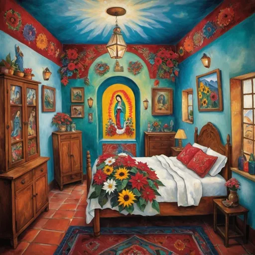 Prompt: (Marc Chagall painting cubist primitive 
surrealism style charming Mexican casita bedroom, Mexican Christmas, tin Christmas tree, lights,virgin of Guadalupe,  painted flowers, white walls, arched windows,, turquoise bedspread hearts, Tuxedo cat, Mexican textiles, whimsical ambiance, tile roof, turquoise armoire with painted flowers, glowing, delicate wings, bright flowers, playful cats, enchanting atmosphere, poinsettias, magical, sunflowers, lace curtains, harlequin  tuxedo cat, Freida Kahlo influences, guitar, angel, mountains, candles, cozy pillows, ultra-detailed, magical charm, artistic masterpiece.