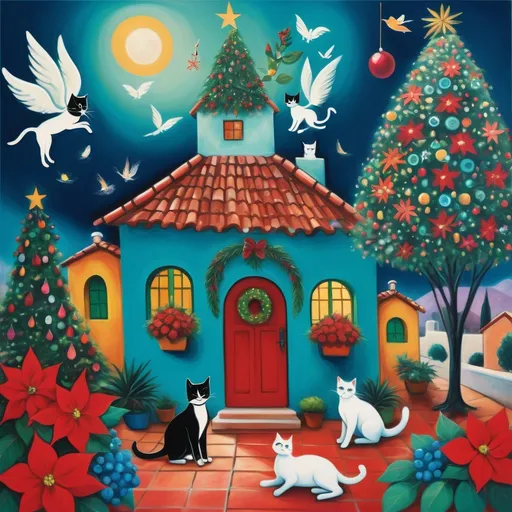 Prompt: (Chagall-inspired surreal scene), Christmas card, charming turquoise Mexican casita, walls adorned with painted flowers, tile roof, lovers floating in the whimsical sky, graceful wings, surrounded by vibrant flowers, playful tuxedo cats, poinsettia, Christmas tree,wreath, majestic avocado tree in front, enchanting magical , Christmas tree, Christmas lights, angels, Mexican style, atmosphere, dreamy mountains in the background, swirly dark moonlight sky, (vivid colors), (4K, ultra-detailed), (cubist, whimsical).