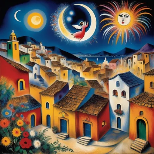 Prompt: Marc Chagall, style painting, primitive, surreal, (Fireworks exploding) over a vibrant Mexican village at night, (plaza, Angels Chagall influence), celebrating life, (whimsical night sky), colorful explosions, lake Chapala, flowers, Swirling night sky illuminating traditional architecture, rustic rooftops, warm golden tones, (festive atmosphere), high detail and contrast, enchanting moon, ambiance, (oil painting style), masterful strokes creating a joyful and lively scene, (high definition, ultra-detailed).