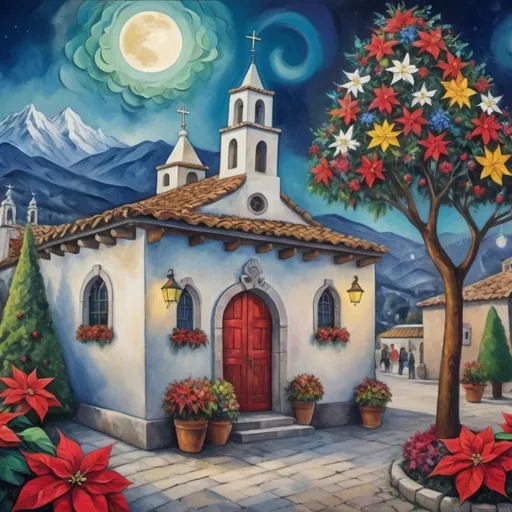 Prompt: (Chagall-inspired surreal scene), restaurant, Christmas card, charming Mexican village plaza, church, restaurant,  walls adorned with flowers,, graceful wings, white burro with fancy Christmas hat, surrounded by vibrant flowers, poinsettias, tables with  umbrellas, wreath, majestic avocado tree in front, enchanting magical , Christmas tree, Christmas lights, Mexican style, atmosphere, dreamy mountains in the background, swirly dark moonlight sky, (vivid colors), (4K, ultra-detailed), (cubist, whimsical).