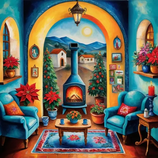 Prompt: Marc Chagall style (Painting of Mexican Casita interior), Christmas card, small quaint cozy cottage living room, (chimney fireplace with fire), beautiful flowers, lace curtains, Talavera, angels turquoise, arched windows, tuxedo cat, white sofa with colorful pillows, flower-patterned armchair, Talavera ceramics, virgen of Guadalupe, Christmas tree, wreath, candles, poinsettias,light filtering in, birds nearby, (surrealist whimsical expressionist painting style), inspired by Frida Kahlo and Marc Chagall, vibrant colors, detailed textures, (4K ultra-detailed ambience), cozy and eclectic atmosphere.