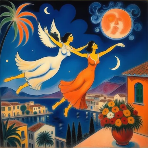 Prompt: Two lovers floating together in the night sky), Expressionist surrealist Marc Chagall style, woman arms reaching up 
up on wings of longing from open windowed, milky moon and sky,
balcony,  overlooking Ajijic, Mexico
water, palm trees, vibrant flowers surrounding the scene, dreamlike ambiance, romantic mood,  tuxedo and orange cat, male lover offers bouquet of flowers 
 , school of Paris style
painterly quality,whimsical elements, enchanting atmosphere, 4K ultra-detailed clarity.