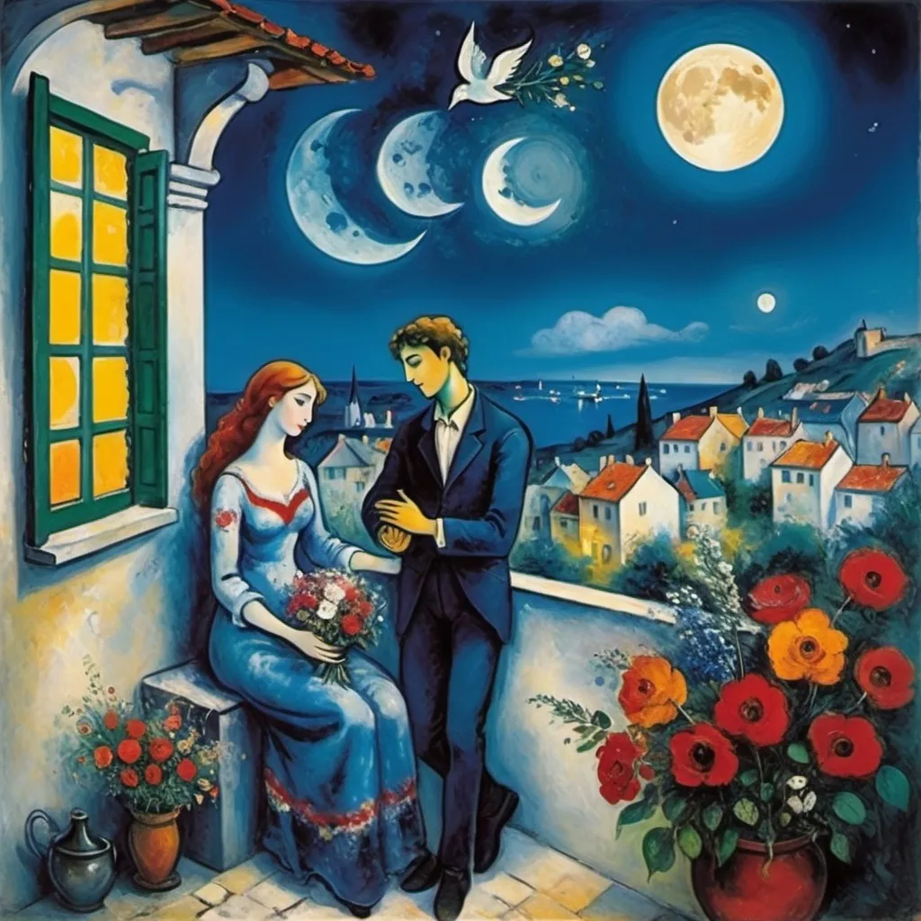 Prompt: Marc Chagall style to lovers in night sky with full moon flowers bouquet offered by man to woman below a balcony and charming village with water