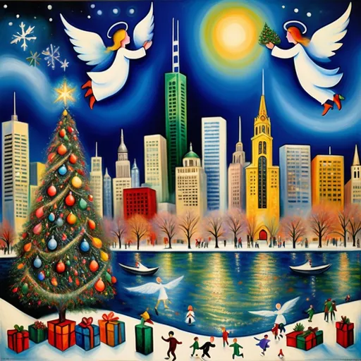 Prompt: (Mark Chagall style whimsical Christmas scene expressionist painting) of downtown Chicago skyline, surreal) landscape featuring Lake Michigan, (John Hancock Building), stores artfully decorated for Christmas, adorned with colorful Christmas trees, serene angels in the sky,  festive cool, colors, dynamic brushstrokes creating a joyful atmosphere, ultra-detailed, enchanting holiday spirit, embracing a sense of wonder and whimsy.