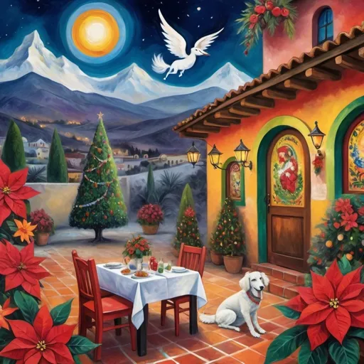 Prompt: (Chagall-inspired surreal scene), Christmas card, charming Mexican outdoor restaurant walls adorned with painted flowers, tile roof, lovers floating in the whimsical sky, graceful wings, fluffy dog, white burro with fancy hat, surrounded by vibrant flowers, virgin of Guadalupe, poinsettia, wreath, majestic avocado tree in front, enchanting magical , Christmas tree, Christmas lights, Mexican style, atmosphere, dreamy mountains in the background, swirly dark moonlight sky, (vivid colors), (4K, ultra-detailed), (cubist, whimsical).