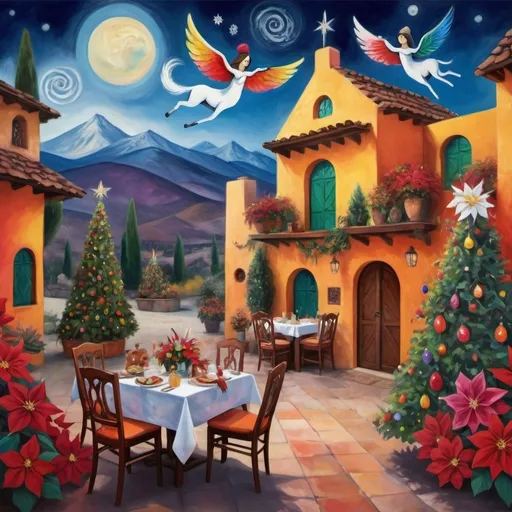 Prompt: (Chagall-inspired surreal scene), Christmas card, charming Mexican outdoor restaurant walls adorned with painted flowers, tile roof, lovers floating in the whimsical sky, graceful wings, fluffy dog, white burro with fancy hat, surrounded by vibrant flowers, virgin of Guadalupe, poinsettia, wreath, majestic avocado tree in front, enchanting magical , Christmas tree, Christmas lights, Mexican style, atmosphere, dreamy mountains in the background, swirly dark moonlight sky, (vivid colors), (4K, ultra-detailed), (cubist, whimsical).