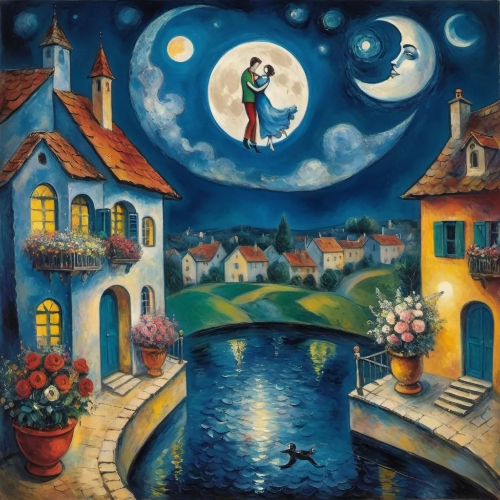 Prompt: Chagall style. Lovers floating in the night, milky moon sky. Balcony, village water, flowers
