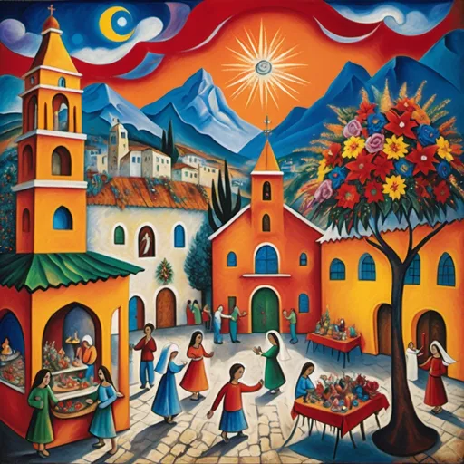 Prompt: (colorful surrealist expressionist painting), (Mark Chagall style), Christmas scene, Ajijic plaza with restaurants and shops, charming stone chapel, nativity scene, festive kiosk, vibrant flowers and poinsettias, Virgin of Guadalupe, whimsical sky with enchanting angels, bustling vendors, majestic mountains in the background, magical atmosphere, rich color tones, ultra-detailed, 4K quality.