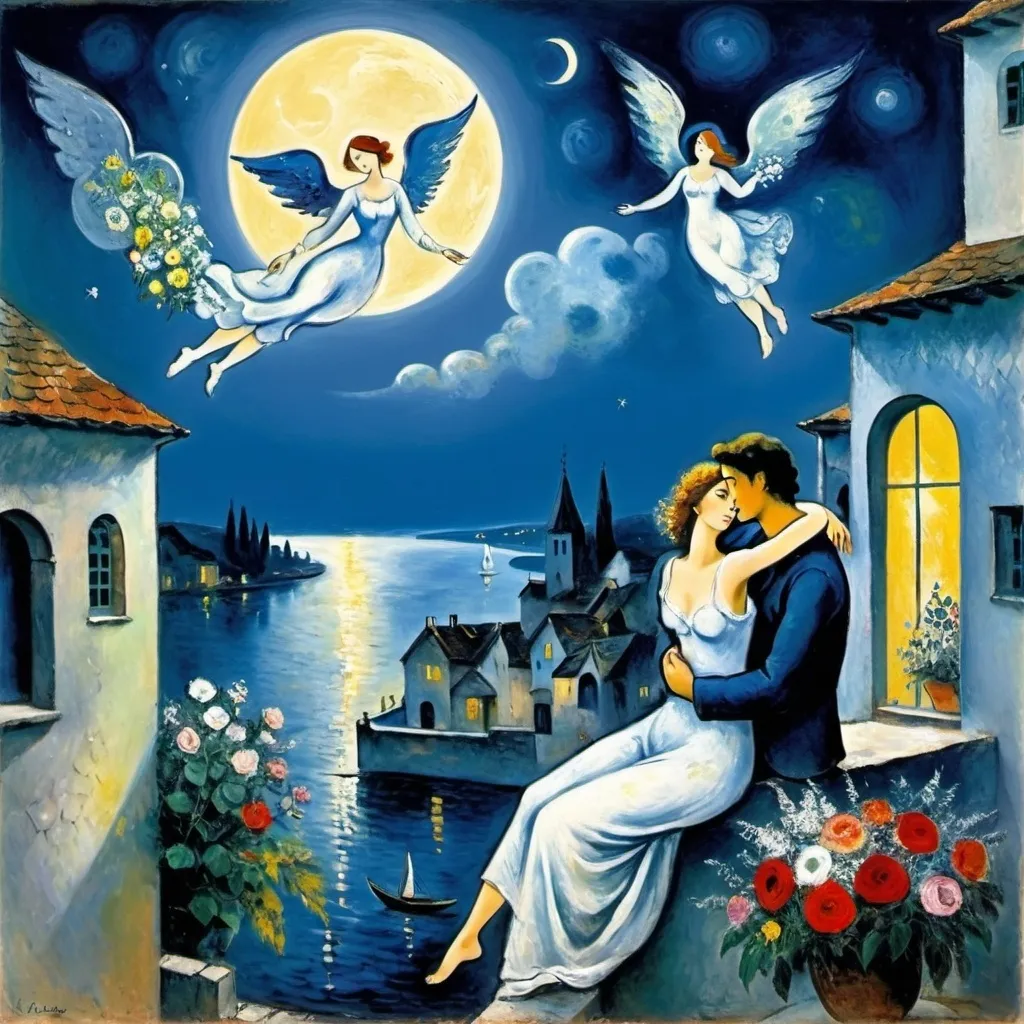 Prompt: Chagall ethereal style. Lovers floating in moonlit, starlit sky. male offers female a bouquet of flowers, wings of longing, ethereal, dreamy, romantic, flowers, love, balcony below and charming village, water



