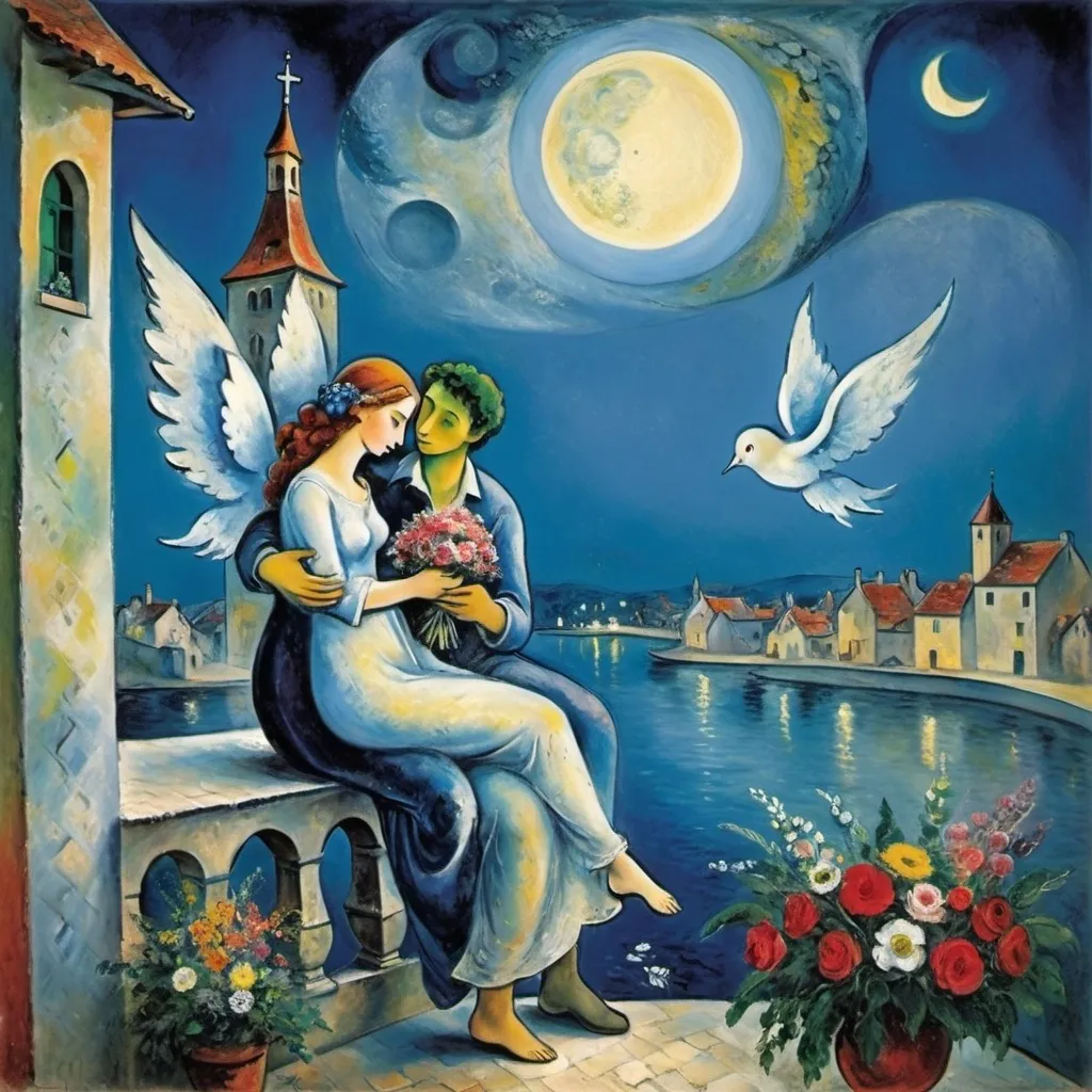 Prompt: Chagall ethereal style. Lovers floating in moonlit, starlit sky. male offers female a bouquet of flowers, wings of longing, ethereal, dreamy, romantic, flowers, love, balcony below and charming village, water



