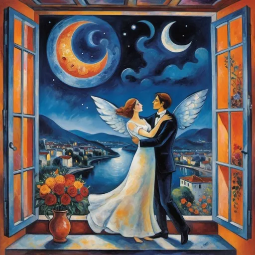 Prompt: Two lovers floating together in the night sky), Expressionist cubist 
surrealist Marc Chagall style, woman arms reaching up 
up on wings of longing from open windowed, milky moon and starlit sky,
balcony, overlooking Ajijic, Mexico
water,  vibrant flowers surrounding the scene, dreamlike ambiance, romantic mood,  tuxedo and orange cat, male lover offers bouquet of flowers 
 , school of Paris style
painterly quality,whimsical elements, enchanting atmosphere, 4K ultra-detailed clarity.