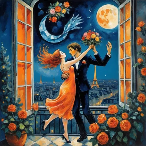 Prompt: Two lovers floating together in the night sky), Expressionist surrealist cubist, harlequin Marc Chagall style, woman arms reaching up 
up on wings of longing from open windowed, milky moon and sky,
balcony,  overlooking Paris, France, , lights
water, trees, vibrant flowers surrounding the scene, dreamlike ambiance, romantic mood,  tuxedo and orange cat, male lover offers bouquet of flowers cool colors
 , school of Paris style
painterly quality,whimsical elements, enchanting atmosphere, 4K ultra-detailed clarity.