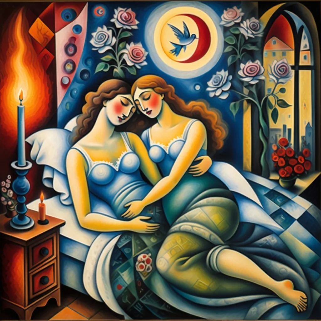 Prompt: (candles burning side-by-side), lovers in bed, (surrealist cubist style), Marc Chagall influence, intricately detailed dresser, soft warm lighting, flickering flames casting shadows, ethereal flowers intertwined with smoke, whimsical atmosphere, romantic and dreamlike ambiance, high-quality depth, ultra-detailed composition, enchanting color palette, tranquil yet captivating scene.