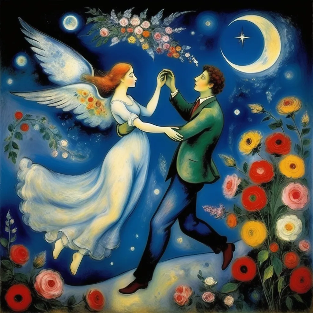 Prompt: Chagall ethereal style. Lovers floating in moonlit, starlit sky. male offers female a bouquet wings of longing, ethereal, dreamy, romantic, flowers, love


