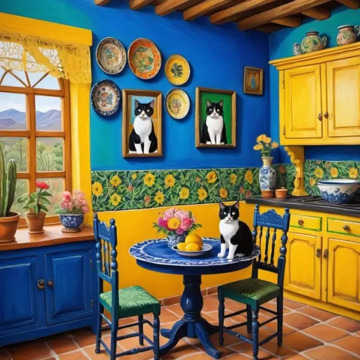 Prompt: Painting in style of Freida Kahlo

Charming Mexican casita interior, bright yellow kitchen walls,  blue and green, cabinets, art on wall ,
talavera, fluffy tuxedo cat, dishes,windows, lace curtains, flowers, black, round table with floral pattern, Freida Kahlo portrait, painting





