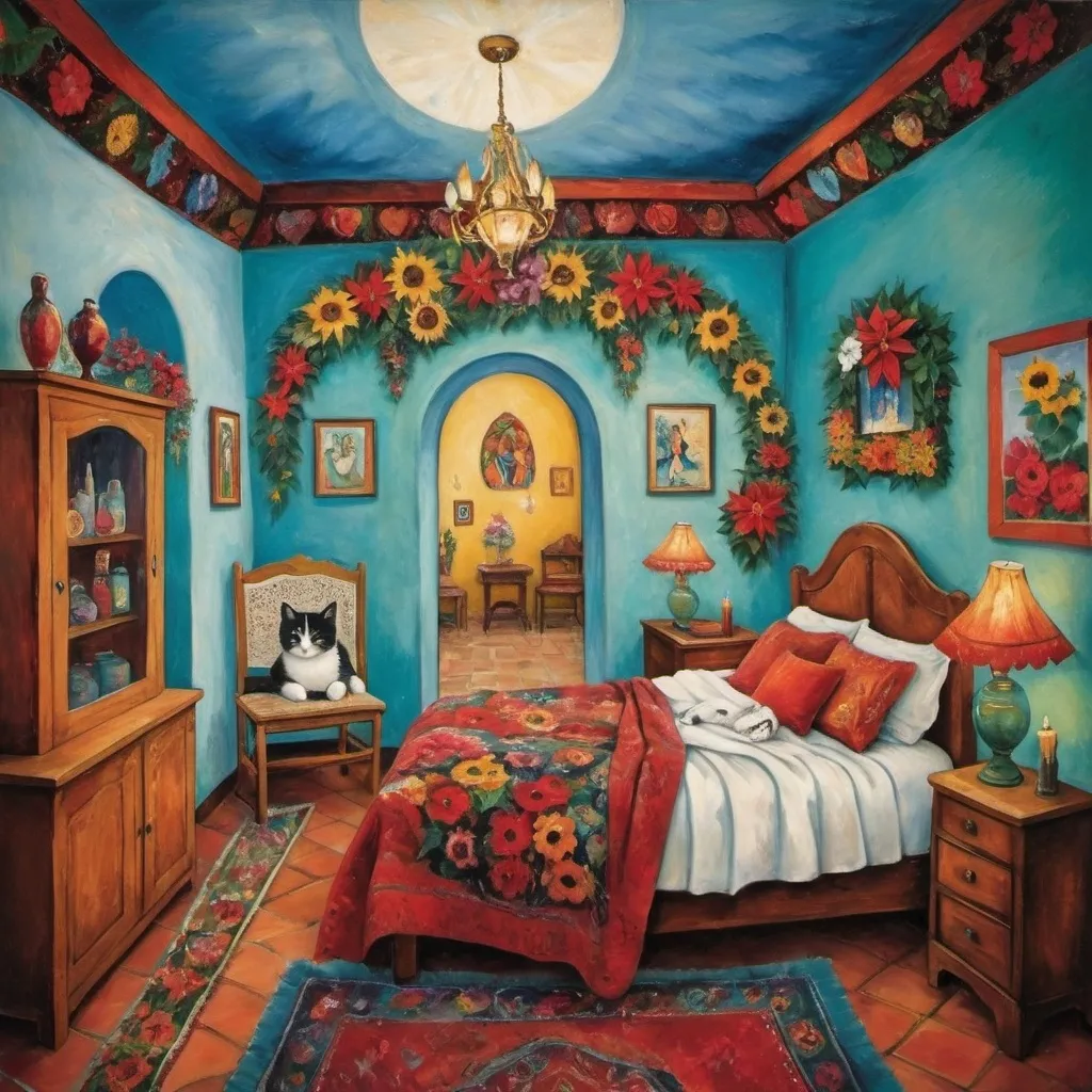 Prompt: (Marc Chagall painting cubist primitive 
surrealism style charming Mexican casita bedroom, Mexican Christmas, virgin of Guadalupe,  painted flowers, white walls, arched windows,, turquoise bedspread hearts, Tuxedo cat, Mexican textiles, whimsical ambiance, tile roof, turquoise armoire with painted flowers, glowing, delicate wings, bright flowers, playful cats, enchanting atmosphere, poinsettias, magical, sunflowers, lace curtains, harlequin  tuxedo cat, Freida Kahlo influences, guitar, angel, mountains, candles, cozy pillows, ultra-detailed, magical charm, artistic masterpiece.