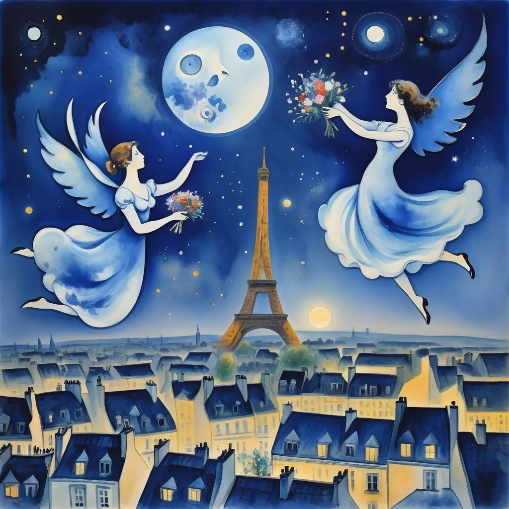 Prompt: (Watercolor Painting in playful primitive surrealist 
Marc Chagall style), 2 lovers float in soft starry night sky above Paris with beautiful floral bouquet, playful milky moon, rmisty 
omantic scene,  balcony below, male offers woman beautifully arranged bouquet, flowers 
whimsical and dreamy atmosphere,  cool tones of blue and white, soft glowing lights,impressionistic, soft colors, swirly enchanting night sky, infused with magic and love. Winged cats, angels
