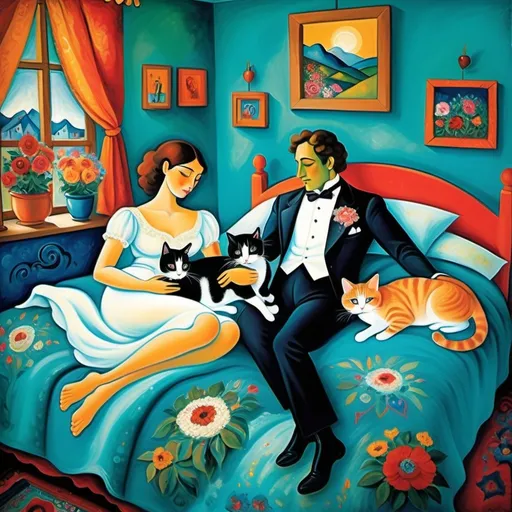 Prompt: (Marc Chagall style painting) man and woman couple lounging in bed with 2 furry tuxedo cats and tuxedo kitten, playfully resting, (turquoise bedspread) adorned with (vibrant flowers), warm ambient lighting, soft colors, colorful Mexican style Casita bedroom, whimsical elements reflecting love and comfort, intricate patterns on walls, serene atmosphere, ultra-detailed, cinematic masterpiece, expressive brush strokes capturing emotion and harmony, dreamlike quality.