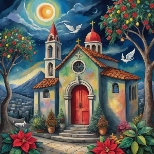 Prompt: (Chagall-inspired surreal scene), Christmas card, charming Mexican stone chapel,walls adorned with painted flowers, tile roof, lovers floating in the whimsical sky, graceful wings, surrounded by vibrant flowers, playful cats, poinsettia, wreath, majestic avocado tree in front, enchanting magical , Christmas tree, Christmas lights, Mexican style, atmosphere, dreamy mountains in the background, swirly dark moonlight sky, (vivid colors), (4K, ultra-detailed), (cubist, whimsical).