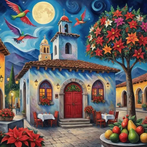 Prompt: (Chagall-inspired surreal scene), restaurant, Christmas card, charming Ajijic Mexican village plaza, church, restaurant,  walls adorned with flowers,, graceful wings,  surrounded by vibrant flowers, poinsettias, tables with  umbrellas, wreath, majestic avocado tree in front, enchanting magical Christmas tree, Christmas lights, Mexican style, atmosphere, dreamy mountains in the background, swirly moonlight sky, (vivid colors), (4K, ultra-detailed), (cubist, whimsical).