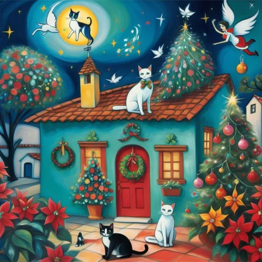 Prompt: (Chagall-inspired surreal scene), Christmas card, Christmas scene, Sparkling Lights, swirling sky charming turquoise Mexican casita, walls adorned with painted flowers, tile roof, lovers floating in the whimsical sky, graceful wings, surrounded by vibrant flowers, tuxedo cats, poinsettia, Christmas tree,wreath, majestic avocado tree in front, enchanting magical , Christmas tree, Christmas lights, angels, Mexican style, atmosphere, dreamy mountains in the background, swirly dark moonlight sky, (vivid colors), (4K, ultra-detailed), (cubist, whimsical).