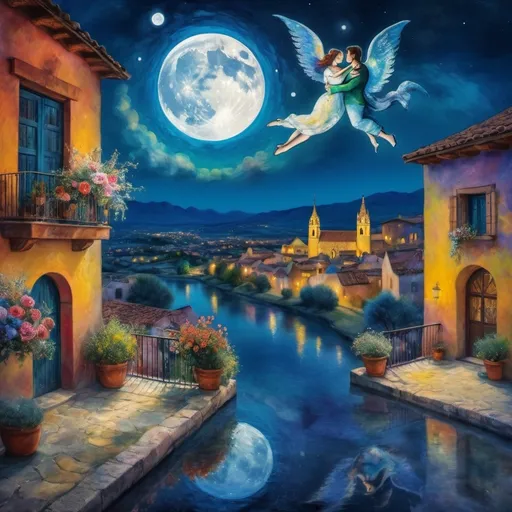 Prompt: lovers floating together in the night sky), (Chagall surreal style), mystical milky moon, balcony overlooking  San Miguel de Allende village, soft reflections on tranquil water, vibrant flowers surrounding the scene, dreamlike ambiance, romantic mood,  painterly quality, artistic expression, whimsical elements, enchanting atmosphere, 4K ultra-detailed clarity.