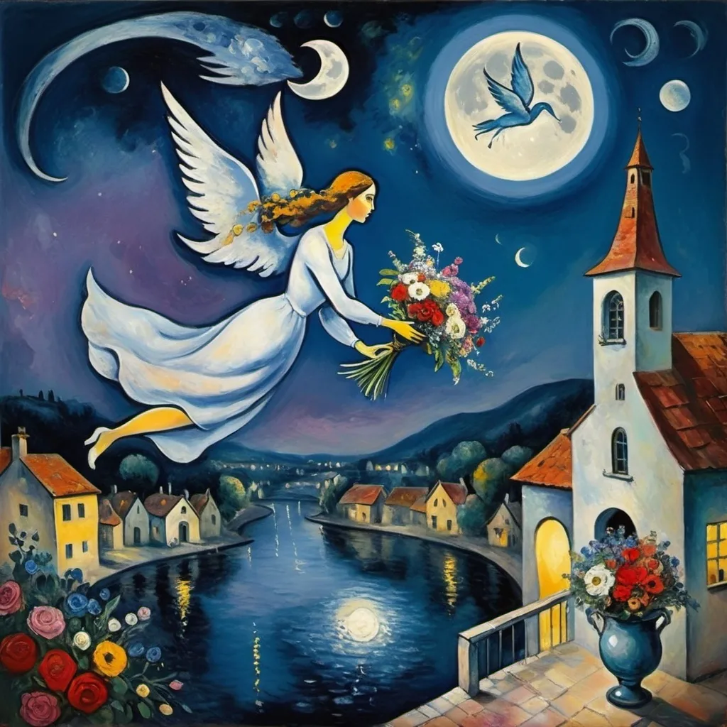 Prompt: Chagall style. winged Lovers floating, man offers woman a bouquet together in the sky night, milky moon. Balcony, village water, flowers surreal

