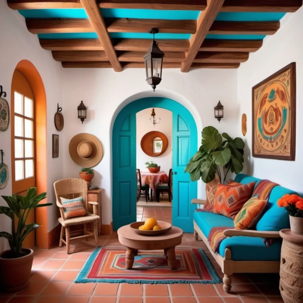 Prompt: (charming traditional small, cozy, turquoise colorful, artsy boho chic Spanish Colonial style  Mexican Casita), charming interior, two bedrooms, two bathrooms, cozy sitting room, White walls combined kitchen and dining room, (brick ceilings), (terra-cotta floors), colorful decor inviting ambiance, well-structured layout, (cozy and homely atmosphere), high-quality design, lace curtains sunlight streaming in, enhancing architectural features. Tile roof. Arched windows.