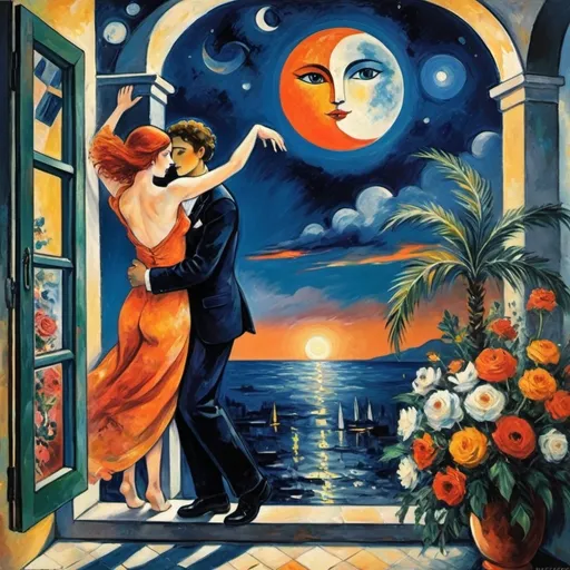 Prompt: Two lovers floating together in the night sky), Expressionist surrealist cubist, harlequin Marc Chagall style, woman arms reaching up 
up on wings of longing from open windowed, milky moon and sky,
balcony,  overlooking Nice, France, riviera, lights
water, palm trees, vibrant flowers surrounding the scene, dreamlike ambiance, romantic mood,  tuxedo and orange cat, male lover offers bouquet of flowers 
 , school of Paris style
painterly quality,whimsical elements, enchanting atmosphere, 4K ultra-detailed clarity.