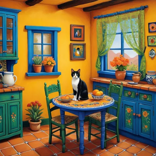 Prompt: Primitive style painting of Mexican casita kitchen), vibrant bright yellow walls, (traditional blue and green cupboards), colorful flowers, (decorative Talavera tiles), two adorable cats (furry tuxedo cat and an orange cat), (delicate lace curtains), cozy round table with a floral pattern, Frida Kahlo's, warm and cheerful ambiance, (ultra-detailed), reminiscent of a serene Mexican home.