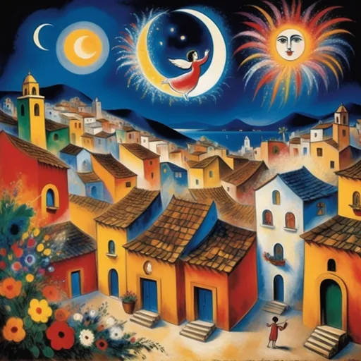 Prompt: Marc Chagall, style painting, primitive, surreal, (Fireworks exploding) over a vibrant Mexican village at night, (plaza, Angels Chagall influence), celebrating life, (whimsical night sky), colorful explosions, lake Chapala, flowers, Swirling night sky illuminating traditional architecture, rustic rooftops, warm golden tones, (festive atmosphere), high detail and contrast, enchanting moon, ambiance, (oil painting style), masterful strokes creating a joyful and lively scene, (high definition, ultra-detailed).