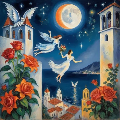 Prompt: Two lovers floating together in the night sky), (Marc Chagall surrealist style), full moon, stars, woman reaching up on wings of longing from
balcony,  overlooking Puerto Vallarta, church of the virgin of Guadalupe
water, vibrant flowers surrounding the scene, dreamlike ambiance, romantic mood,  tuxedo cat and orange cat, male lover offers bouquet of flowers ,lillies and roses
painterly quality,whimsical elements, enchanting atmosphere, 4K ultra-detailed clarity.