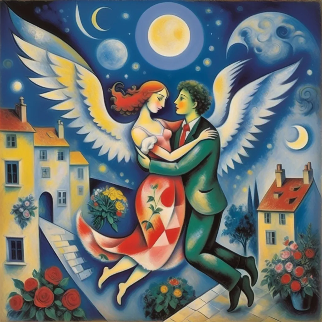 Prompt: Chagall playful 
cubism style. Lovers floating in moonlit, starlit sky. male offers female a bouquet ,wings of longing, ethereal angels, winged cats, harlequin, fiddler, balcony, soft colors

