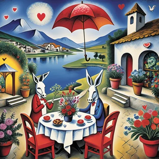 Prompt: (Marc Chagall primitive, surreal 
style painting), Valentine's Day card, enchanting and charming stone outdoor Mexican restaurant, umbrella tables, 
large round evening 
pool, surrounded by vibrant potted plants and flowers, mountains and lake in background, 
romantic Valentine's Day celebration, whimsical hearts and playful angels, lovers dancing in the sky, a (white donkey wearing a festive hat), magical atmosphere, palm and cypress trees, cool , soft 
color tones, twinkling lights, swirling sunset sky, angels in sky,
dreamlike ambiance, ultra-detailed, inviting scene, romantic setting.