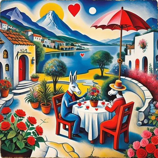 Prompt: (Marc Chagall primitive, surreal 
style painting), Valentine's Day card, enchanting and charming stone outdoor Mexican restaurant, umbrella tables, 
large round evening 
pool, surrounded by vibrant potted plants and flowers, mountains and lake in background, 
romantic Valentine's Day celebration, whimsical hearts and playful angels, lovers dancing in the sky, a (white donkey wearing a festive hat), magical atmosphere, palm and cypress trees, cool , soft 
color tones, twinkling lights, swirling sunset sky, angels in sky,
dreamlike ambiance, ultra-detailed, inviting scene, romantic setting.