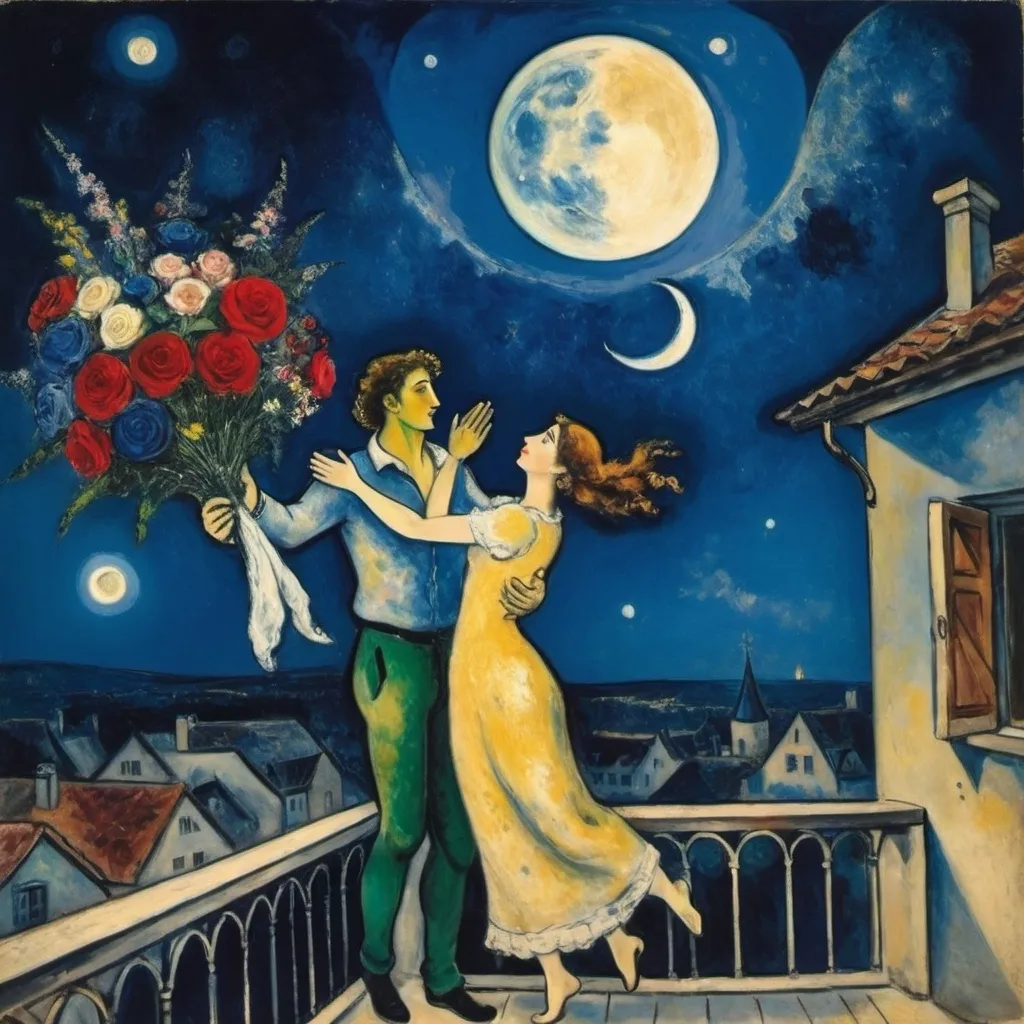 Prompt: Style of Chagall. Two lovers. Night moon sky. Woman on balcony raising arms toward male lover in sky reaching down to her with a bouquet
