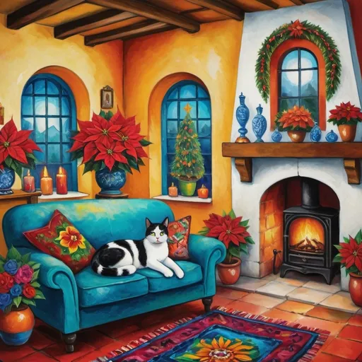 Prompt: Marc Chagall style (Painting of Mexican Casita interior), Christmas card, small quaint cozy cottage living room, (chimney fireplace with fire), beautiful flowers, lace curtains, Talavera, turquoise, arched windows, tuxedo cat, white sofa with colorful pillows, flower-patterned armchair, Talavera ceramics, virgen of Guadalupe sunshine, Christmas tree, wreath, candles, poinsettias, filtering in, birds nearby, (surrealist whimsical expressionist painting style), inspired by Frida Kahlo and Marc Chagall, vibrant colors, detailed textures, (4K ultra-detailed ambience), cozy and eclectic atmosphere.