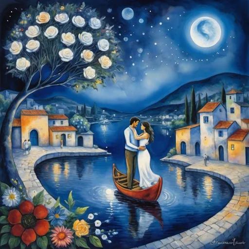 Prompt: (Painting in playful and primitive Chagall surrealist style), a couple, lovers floating in night sky above Ajijic village (milky moon, watercolor romantic scene, serene water below, vibrant flowers , male offers woman beautifully arranged bouquet, whimsical and dreamy atmosphere, cool tones of blue and white, soft glowing lights, high detail, vibrant colors, swirly enchanting night sky, infused with magic and love.