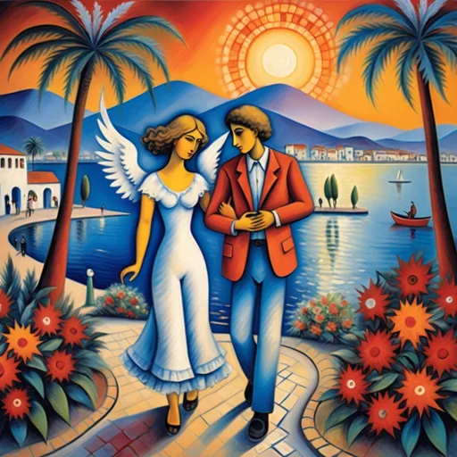 Prompt: Christmas scene card), (Marc Chagall influence, surrealist , expressionistic, primitive,  two lovers  strolling the malecón, Ajijic, Mexico, Lake Chapala, beautiful sunset, flowering  trees, poinsettas, 
palm trees, whimsical ambiance, magical atmosphere, soft tones of blue and white, sunset, artistic fantasy, angels in sky, intricate floral details, dreamy sky, 4K, ultra-detailed illustration.