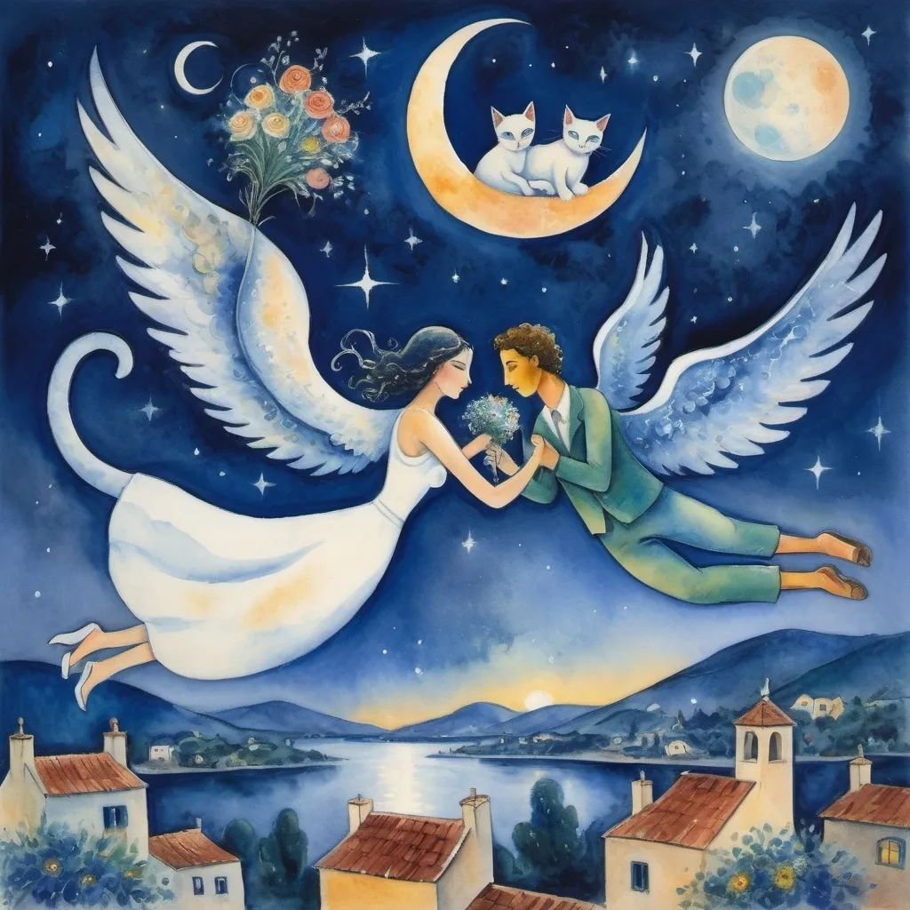 Prompt: (Watercolor Painting in playful primitive surrealist 
Marc Chagall style), 2 lovers float in soft starry night sky above Ajijic Mexico with beautiful floral bouquet, playful milky moon, rmisty 
omantic scene,  balcony below, male offers woman beautifully arranged bouquet, whimsical and dreamy atmosphere,  cool tones of blue and white, soft glowing lights,impressionistic, soft colors, swirly enchanting night sky, infused with magic and love. Winged cats, angels
