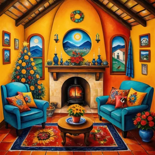 Prompt: Marc Chagall primitie, cubist, surreal style (Painting of Mexican Casita interior), Christmas card, small quaint cozy cottage living room, (chimney fireplace with fire), beautiful flowers, lace curtains, Talavera, turquoise, starry, swirly evening sky, 
arched window, chihuahua, pomeranian, tuxedo cat, 
sunflowers, harlequin, 
sofa with colorful pillows, flower-patterned armchair, Talavera  tile, ceramics, virgen of Guadalupe sunshine, Christmas tree, wreath, candles, poinsettias, filtering in, birds nearby, (surrealist whimsical expressionist painting style), inspired by Frida Kahlo and Marc Chagall, vibrant colors, detailed textures, (4K ultra-detailed ambience), cozy and eclectic atmosphere.