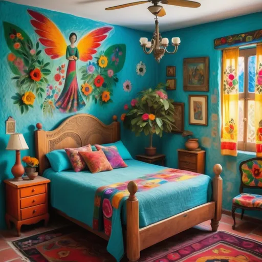 Prompt: (Marc Chagall inspired), (cubist surrealism), charming Mexican casita bedroom, painted flowers on walls, vivid colors, turquoise bedspread, Mexican textileswhimsical ambiance, tile roof, turquoise floral armoire, , delicate wings, bright flowers, playful cats, large avocado tree, enchanting atmosphere, lace curtains, Freida Kahlo influences, angel, candle cozy pillows, ultra-detailed, magical charm, artistic masterpiece.