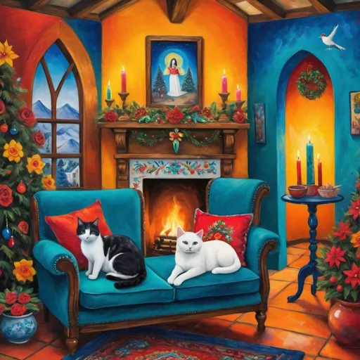 Prompt: Marc Chagall style (Painting of Mexican Casita interior), Christmas card, small quaint cozy cottage living room, (chimney fireplace with fire), beautiful flowers, lace curtains, Talavera, angels , turquoise, arched windows, tuxedo cat, white sofa with colorful pillows, flower-patterned armchair, Talavera ceramics, virgen of Guadalupe, Christmas tree, glowing, magical, wreath, candles, poinsettias, light filtering in, birds nearby, (surrealist whimsical expressionist painting style), inspired by Frida Kahlo and Marc Chagall, vibrant colors, detailed textures, (4K ultra-detailed ambience), cozy and eclectic atmosphere.