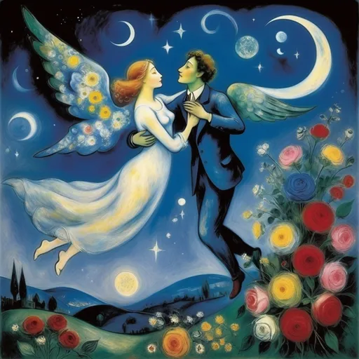 Prompt: Chagall ethereal style. Lovers floating in moonlit, starlit sky. male offers female a bouquet wings of longing, ethereal, dreamy, romantic, flowers, love


