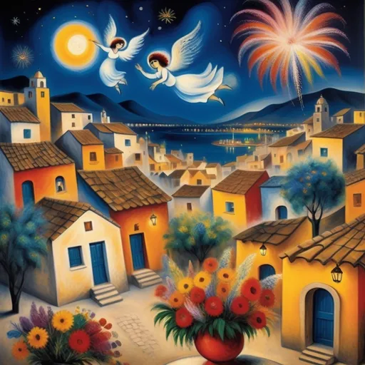 Prompt: Marc Chagall style painting, primitive, surreal, (Fireworks exploding) over lake, small Mexican village at night, (plaza, Angels in night sky), celebrating New Years Eve, whimsical night sky), lake Chapala, flowers, Swirling night sky illuminating traditional architecture, rustic rooftops, soft, warm golden tones, (festive atmosphere), high detail and contrast, enchanting ambiance, (oil painting style), masterful strokes creating a joyful and lively scene, (high definition, ultra-detailed).